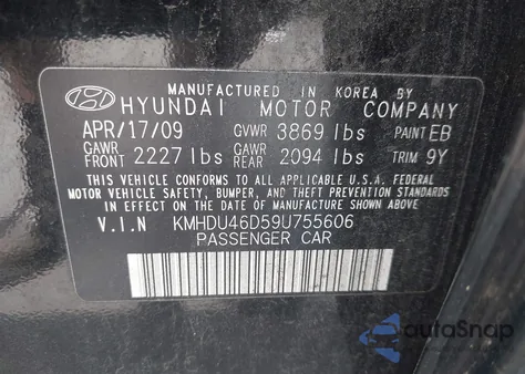 2009 Hyundai Elantra Gls from USA, damaged, VIN KMHDU46D59U755606